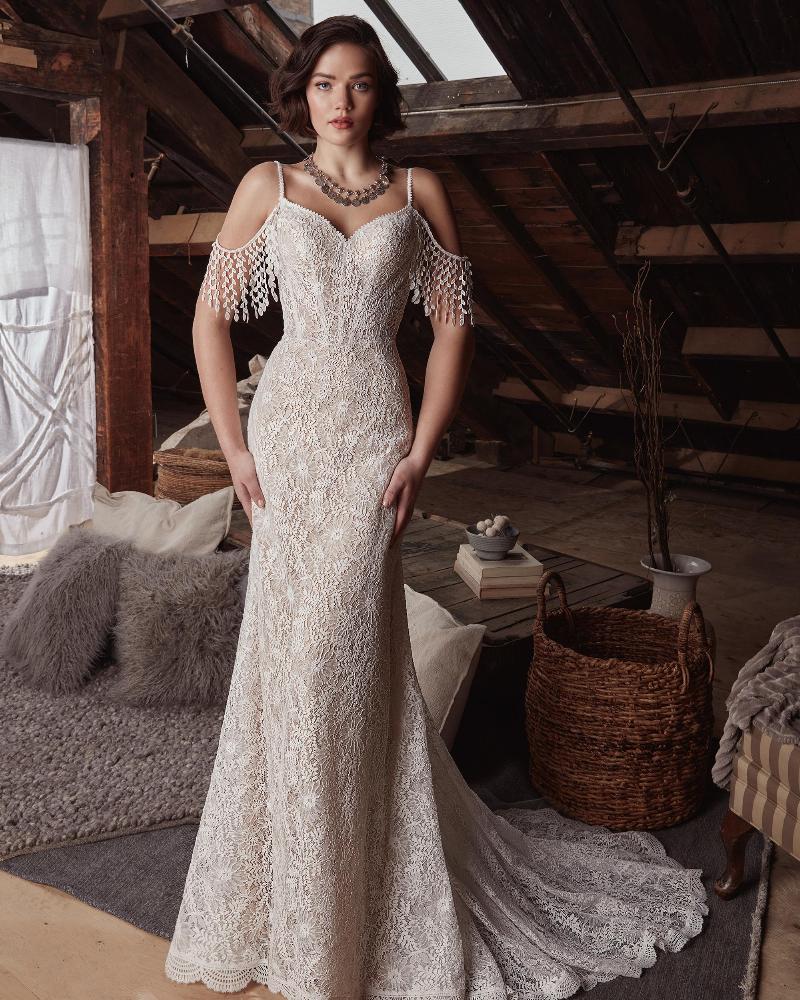 Lp2128 off the shoulder boho wedding dress with lace and spaghetti straps3